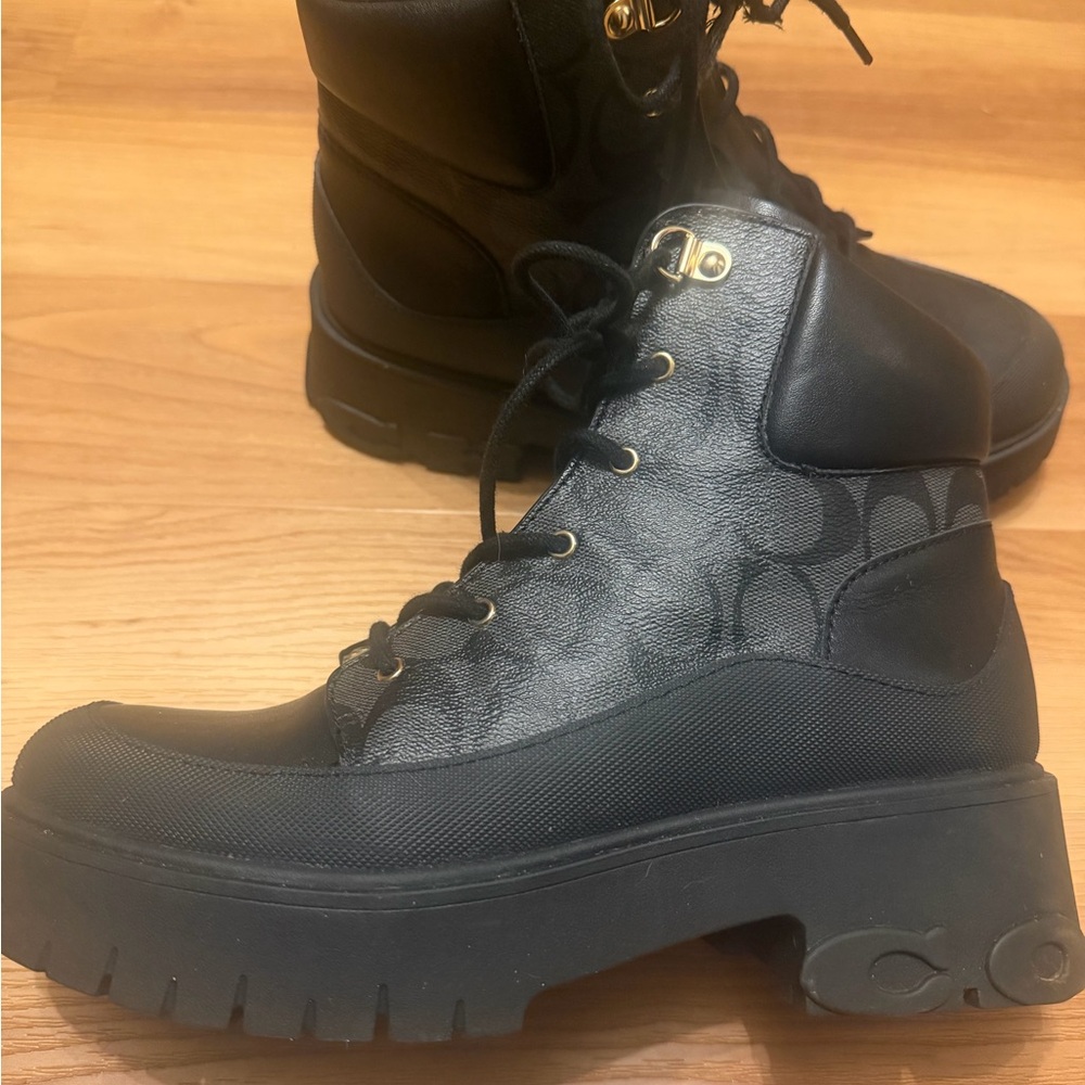 Coach Black Signature Lace-Up Lug-Sole Ankle Boots - Picture 8 of 8